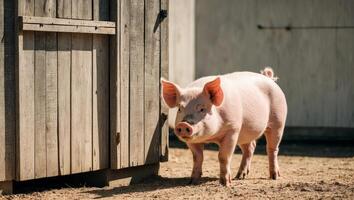 A pig standing in front of a wooden shed photo