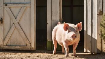 A pig standing in front of a barn door photo