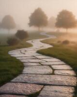 A stone path leads to a grassy field photo