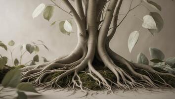 A tree with roots and leaves on a gray background photo