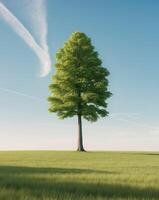 A tree stands alone in a field with a blue sky photo