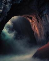 A cave with fog and water coming out of it photo