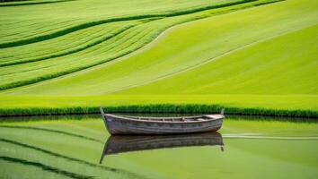 A boat sits on the water in front of a green field photo