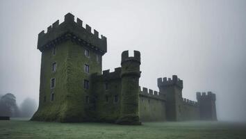 An old castle in the fog with tall grass photo