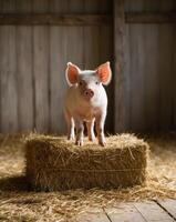 A pig standing on top of hay in a barn photo