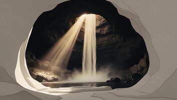 A waterfall is shown in a cave with light coming out of it photo