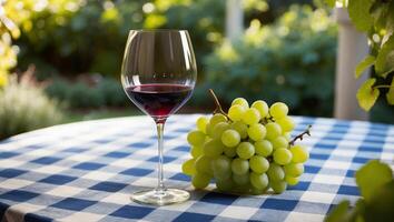 A glass of red wine and a bunch of grapes on a table photo