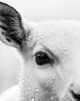 A black and white photo of a sheep with water droplets on its face