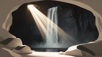 A cave with a waterfall and light coming from the top photo