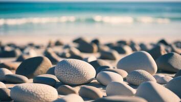 A pile of rocks on the beach with the ocean in the background photo