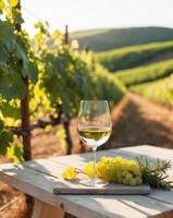 A glass of white wine on a table in front of a vineyard photo