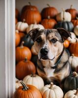 A dog sitting in a pile of pumpkins photo