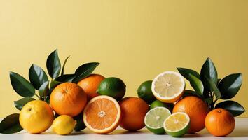 Fresh citrus fruits on yellow background photo