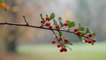 Red berries on a branch with green leaves photo
