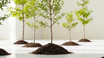 A group of small trees growing in soil photo