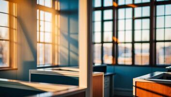 An empty office with windows and sunlight photo