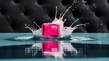A pink cube is splashing in water photo