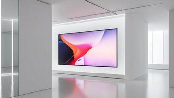 A large television is displayed in a white room photo