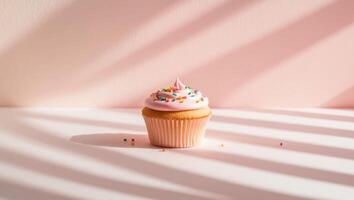 A cupcake with pink frosting on a white surface photo