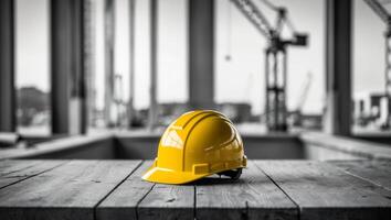 A hard hat sits on a wooden table in front of a construction site photo