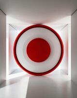 A red and white circular object in a white room photo
