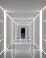 A long white hallway with white walls and lights photo