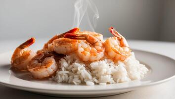 A plate with shrimp and rice on top photo
