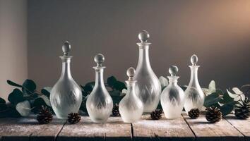 Five glass bottles with snow on a wooden table photo