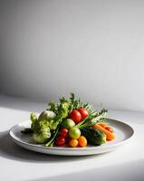 A plate with vegetables on it and a white background photo