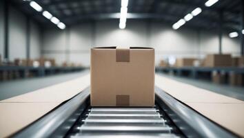 A cardboard box on a conveyor belt in a warehouse photo