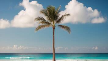 A palm tree stands alone on a sandy beach photo