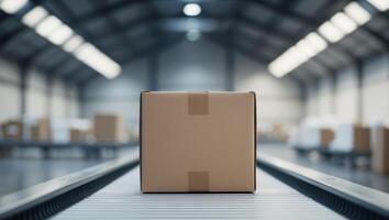 A cardboard box on a conveyor belt in a warehouse photo
