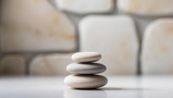 A stack of stones on a table in front of a wall photo