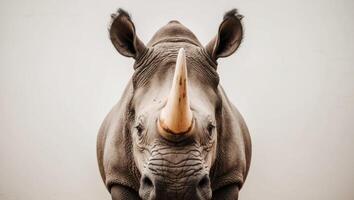 A rhinoceros with a long horn standing in front of a white background photo
