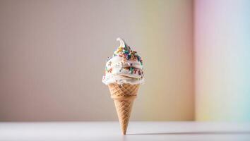 An ice cream cone with white frosting and sprinkles photo