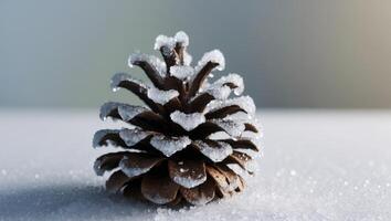 A pine cone covered in snow on a white surface photo