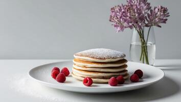 A stack of pancakes with powdered sugar and raspberries photo