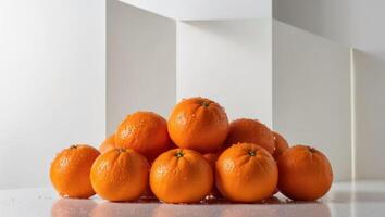 A pile of oranges on a white surface photo