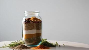 A jar filled with spices and herbs on a table photo