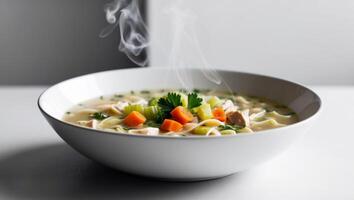 A bowl of soup with meat, vegetables and broth photo
