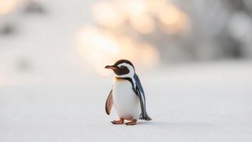 A penguin standing in the snow with blurry background photo