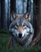 A wolf with red eyes in the woods photo