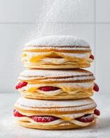 A stack of three pancakes with powdered sugar photo