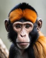 A close up of a monkey with an orange and black head photo