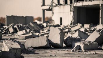 A pile of rubble in front of a building photo