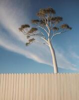 A tree stands in front of a white fence photo