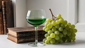 A glass of wine and some grapes on a table photo