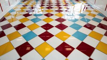 A colorful floor with a checkered pattern photo
