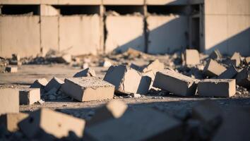 A pile of rubble in front of a building photo