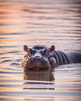A hippo is floating in the water at sunset photo
